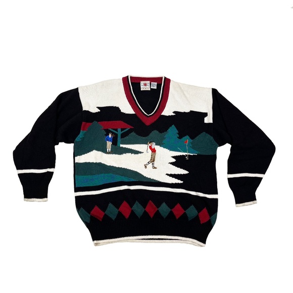 Vintage Cotton Traders Sport Pullover V-Neck Knit Sweater Golfing Scene - Picture 1 of 6